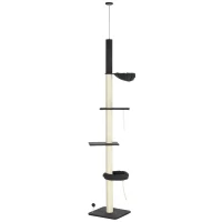 PawHut 240-270cm Floor-To-Ceiling Cat Tree, 5 Tier Cat Climbing Tower, with Bed, Hammock, Platforms, Black and Cream(m-1)