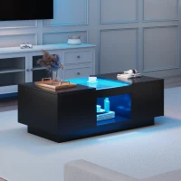 Table basse noire avec revêtement en verre, éclairage LED, contrôle par application,Noir(m-5)