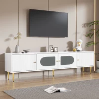 Mobile TV Moderno con Gambe e Maniglie Dorate, Ante Pratiche in Design a Scanalature e Vetro Curvo, 170×35×50 cm, Bianco(m-4)