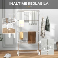 HOMCOM Uscător de Rufe Vertical Pliabil cu 6 Roți, Cârlige și 4 Rafturi Reglabile, 142x55x172 cm, Alb(m-5)