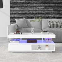 Table basse blanc brillant avec 4 inserts en verre, 2 tiroirs et 2 compartiments ouverts,Blanc(m-1)