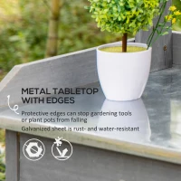 Outsunny Garden Potting Table, Wooden Workstation Bench w/ Galvanized Metal Tabletop, Drawer, Storage Shelves and Hooks for Patios, Courtyards, Balcony(m-4)