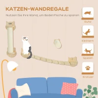 PawHut 3-delige Kattenklimset, wandgemonteerde Kattenboom met Krabpaal, Traptrede, Ladder, Natuurhout(m-4)