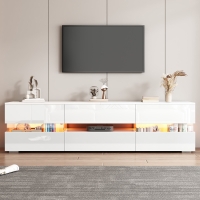 Modern hoogglans TV-meubel met LED-verlichting, ruime opbergruimte met 2 deuren, 1 lade en open vak, met acrylglasinzet en drukopeningen zonder handgrepen, geschikt voor TV tot 70 inch, 160X39X45 cm, wit