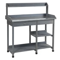 Outsunny Garden Potting Table, Wooden Workstation Bench w/ Galvanized Metal Tabletop, Drawer, Storage Shelves and Hooks for Patios, Courtyards, Balcony(m-1)