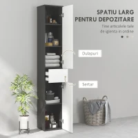 Kleankin Coloană de Baie Înaltă, Mobilier cu 2 Dulapuri, Sertar și Rafturi Reglabile din Lemn, 30x28x180 cm, Negru(m-4)