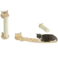 PawHut 3-delige Kattenklimset, wandgemonteerde Kattenboom met Krabpaal, Traptrede, Ladder, Natuurhout(m-10)