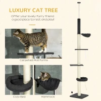 PawHut 240-270cm Floor-To-Ceiling Cat Tree, 5 Tier Cat Climbing Tower, with Bed, Hammock, Platforms, Black and Cream(m-4)