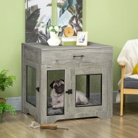 PawHut Dog Cage End Table with Two Doors, Drawer, for Medium Dogs - Grey(m-2)
