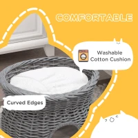 PawHut 2-Tier Wicker Cat House Elevated Pet Bed Basket Willow Kitten Tower Pet Den. with Washable Cushions 56x37x40cm Grey(m-6)