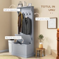 HOMCOM Cuier 3 în 1 cu 4 Cârlige, Bancă Depozitare și Cuier, Mobilier cu Spațiu de Depozitare, 71,5x39,5x170 cm, Gri(m-4)