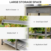 Outsunny Garden Potting Table, Wooden Workstation Bench w/ Galvanized Metal Tabletop, Drawer, Storage Shelves and Hooks for Patios, Courtyards, Balcony(m-5)