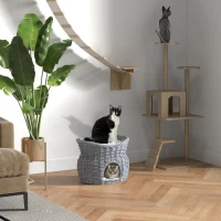 PawHut 2-Tier Wicker Cat House Elevated Pet Bed Basket Willow Kitten Tower Pet Den. with Washable Cushions 56x37x40cm Grey(m-2)