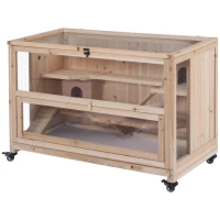 PawHut Wooden Hamster Cage, Mice Rodent Small Animals Kit Hutch, 3 Tiers Exercise Play House, with Wheels, Bottom Tray, 99 x 50 x 69 cm, Natural Wood(m-11)