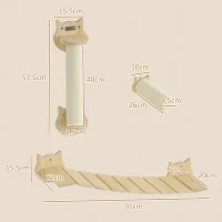 PawHut 3-delige Kattenklimset, wandgemonteerde Kattenboom met Krabpaal, Traptrede, Ladder, Natuurhout(m-3)