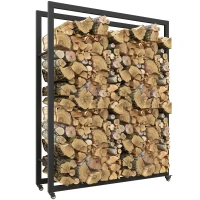 Outsunny Suport Portabil pentru Lemne cu Roți, Suport pentru Lemne din Metal Ranforsat, 120x32x151 cm, Negru(m-1)