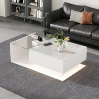 Table basse en finition brillante avec plateau en verre et éclairage LED, style moderne, Blanc(m-5)