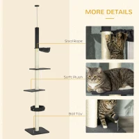 PawHut 240-270cm Floor-To-Ceiling Cat Tree, 5 Tier Cat Climbing Tower, with Bed, Hammock, Platforms, Black and Cream(m-6)