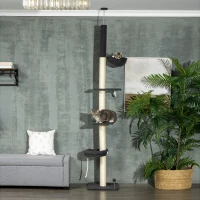 PawHut 240-270cm Floor-To-Ceiling Cat Tree, 5 Tier Cat Climbing Tower, with Bed, Hammock, Platforms, Black and Cream(m-2)