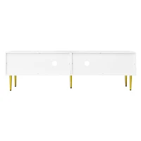 Élégant meuble TV avec pieds et poignées dorés, 2 portes avec rainures verticales et verre courbé, charnières silencieuses, Blanc(m-11)