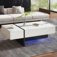 Moderner Couchtisch 105cm mit 3 Schubladen LED Beleuchtung Marmormuster Hochglanz Wohnzimmer Weiß(m-4)