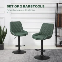 HOMCOM Retro Bar Stools Set of 2, Adjustable Kitchen Stool, Upholstered Bar Chairs with Back, Swivel Seat, Green(m-4)