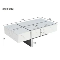 Moderner Couchtisch 105cm mit 3 Schubladen LED Beleuchtung Marmormuster Hochglanz Wohnzimmer Weiß(m-3)