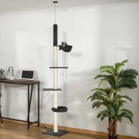 PawHut 240-270cm Floor-To-Ceiling Cat Tree, 5 Tier Cat Climbing Tower, with Bed, Hammock, Platforms, Black and Cream(m-10)