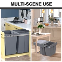HOMCOM Kitchen Recycle Waste Bin Pull Out Soft Close Dustbin Recycling Cabinet Trash Can Grey (40L (1x20L+2x10L))(m-7)