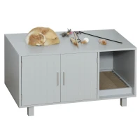 PawHut Wooden Cat Litter Box Enclosure & House with Nightstand/End Table Design, Scratcher, & Magnetic Doors, Grey(m-11)