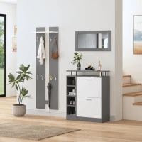 Garderoben Set mit Spiegel, 2 Wandpaneelen, Regalwand und Schuhschrank für kleine Räume, Weiß+Grau(m-5)