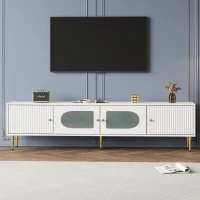 Mobile TV Moderno con Gambe e Maniglie Dorate, Ante Pratiche in Design a Scanalature e Vetro Curvo, 170×35×50 cm, Bianco(m-1)