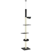 PawHut 240-270cm Floor-To-Ceiling Cat Tree, 5 Tier Cat Climbing Tower, with Bed, Hammock, Platforms, Black and Cream(m-11)