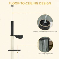 PawHut 240-270cm Floor-To-Ceiling Cat Tree, 5 Tier Cat Climbing Tower, with Bed, Hammock, Platforms, Black and Cream(m-5)