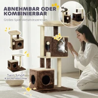 PawHut Kattenboom, deelbare kattentoren met krabpalen, springplatforms, voor binnenshuis, Donkerbruin+Beige(m-4)