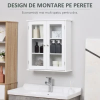 Kleankin Dulap de Baie Suspendat cu 2 Uși din Lemn și Sticlă, Dulap de Perete Multifuncțional, 55x20x65 cm, Alb(m-7)