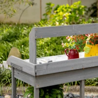 Outsunny Garden Potting Table, Wooden Workstation Bench w/ Galvanized Metal Tabletop, Drawer, Storage Shelves and Hooks for Patios, Courtyards, Balcony(m-9)