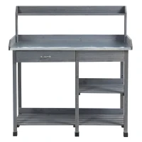 Outsunny Garden Potting Table, Wooden Workstation Bench w/ Galvanized Metal Tabletop, Drawer, Storage Shelves and Hooks for Patios, Courtyards, Balcony(m-11)