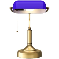 HOMCOM Banker's Desk Lamp with Antique Bronze Tone Base, Table Lamp with Blue Glass Shade for Home Office, Blue(m-11)