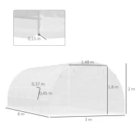 Outsunny Estufa Tipo Túnel 800x300x200cm com 12 Janelas e Porta Enrolável Cobertura de PE 140g/m² e Aço para Cultivo de Plantas Verduras Branco(m-3)