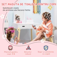 ZONEKIZ Set Toaletă pentru Copii din Lemn, Masă de Machiaj cu Oglindă, 2 Sertare și Scăunel, 60x40x95 cm, Alb(m-4)