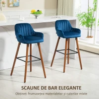 HOMCOM Set 2 Scaune din Catifea, Scaune de Bucătărie cu Spătar, Brațe și Suport pentru Picioare, 48x51x98 cm, Albastru(m-4)