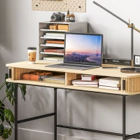 HOMCOM Biurko w stylu retro z dekorem lameli, przegródki do przechowywania, nogi ze stali, 120 x 60 x 76,5 cm, Dąb/Czarny(m-7)