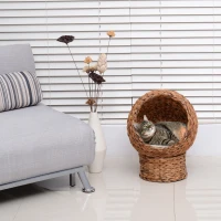 PawHut Wicker Cat Bed, Raised Rattan Cat Basket with Cylindrical Base, Soft Washable Cushion, 42 x 33 x 52cm - Brown(m-7)