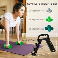 SPORTNOW Dumbbells Set with Carry Storage Rack, Set of 6 Weights for Home Gym Kettlebell Training Weight Lifting Exercise, 2 x 1kg, 2 x 3kg, 2 x 5kg(m-4)