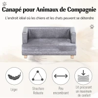 PawHut Canapé chien lit pour petits animaux chien chat avec accoudoirs coussin moelleux pieds bois massif dim. 68 x 41 x 32 cm revêtement synthétique gris(m-7)