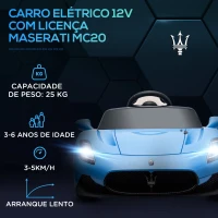 AIYAPLAY Carro Elétrico para Crianças com Licença Maserati MC20 com Bateria 12V Controlo Remoto Farois Buzina e Música 105x65,5x42 cm Azul(m-4)