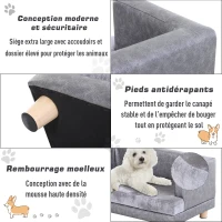 PawHut Canapé chien lit pour petits animaux chien chat avec accoudoirs coussin moelleux pieds bois massif dim. 68 x 41 x 32 cm revêtement synthétique gris(m-5)
