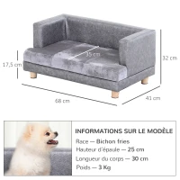 PawHut Canapé chien lit pour petits animaux chien chat avec accoudoirs coussin moelleux pieds bois massif dim. 68 x 41 x 32 cm revêtement synthétique gris(m-3)
