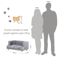 PawHut Canapé chien lit pour petits animaux chien chat avec accoudoirs coussin moelleux pieds bois massif dim. 68 x 41 x 32 cm revêtement synthétique gris(m-6)